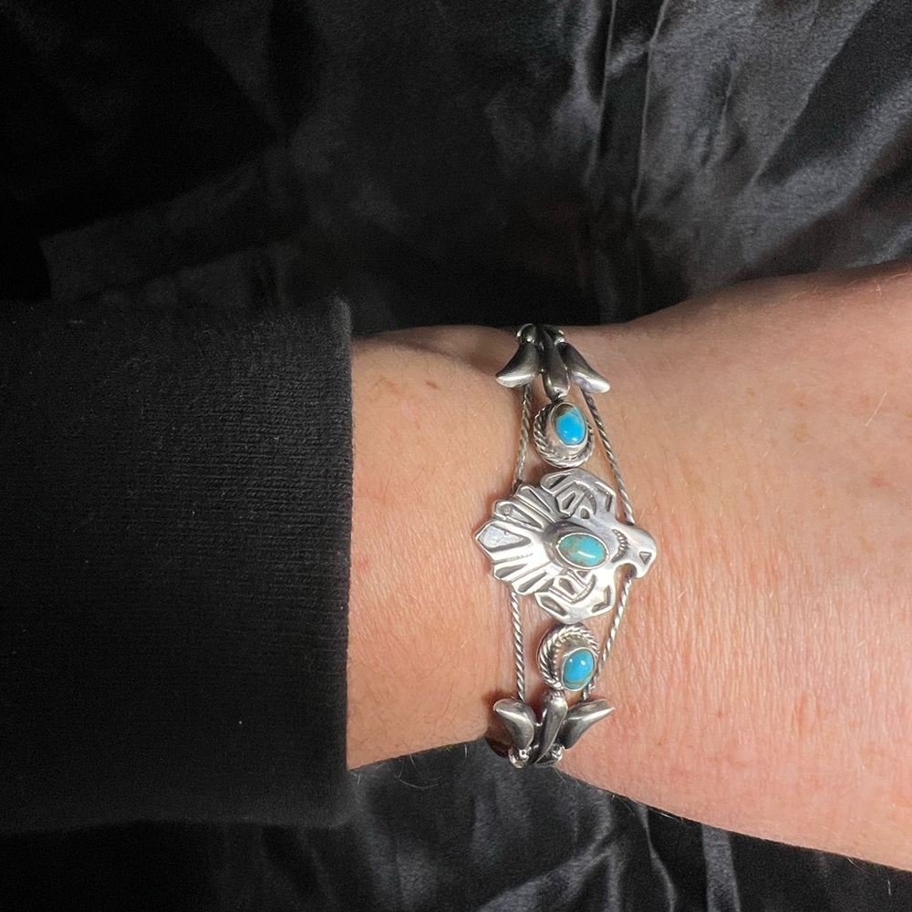 Bobby Plato Sterling Silver and Turquoise Thunderbird Navajo Bracelet